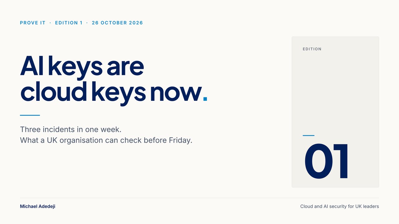 Cover of Pyralink Prove It edition 1: AI keys are cloud keys now. Three incidents in one week. What a UK organisation can check before Friday.